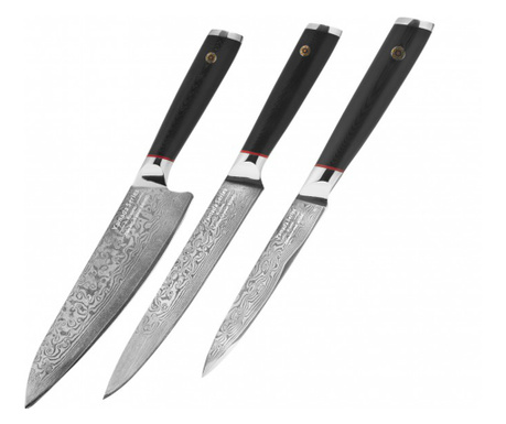 Комплект ножове Красино Ямада, дамаска стомана, HRC 60, готварски нож, нож за филийки, универсален нож, 3 бр.