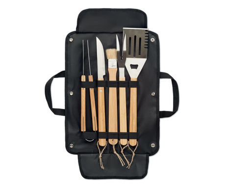 Комплект инструменти за барбекю Alier, 5 части от неръждаема стомана, дървена дръжка