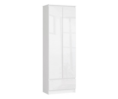 Gardrób, laminált karton, 1 fiók, 4 polc, 2 ajtó, fényes fehér, 60x35x180 cm