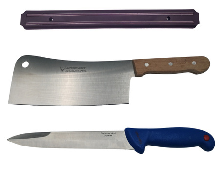 Месарски комплект IdeallStore®, месарски нож, нож и магнитна поставка, неръждаема стомана, многоцветен
