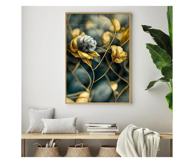Plakat w ramce, Blue and Gold Flower, 80x60 cm, złota rama