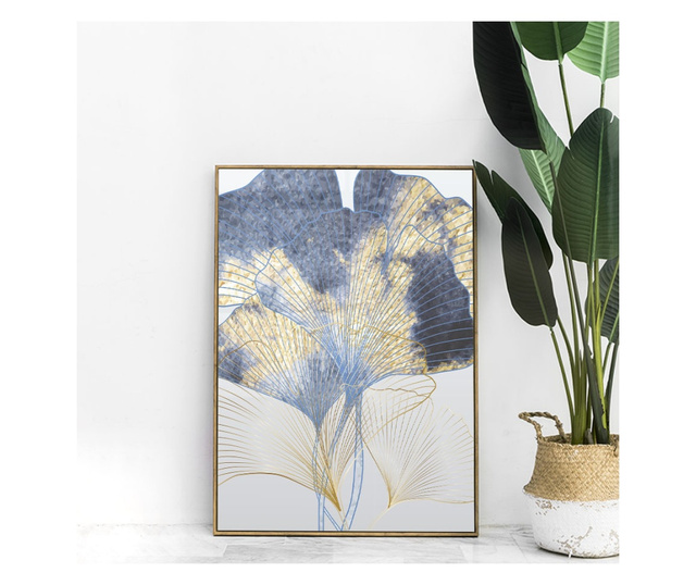 Plakat w ramce, Blue and Gold Leaves, 60x40 cm, złota rama