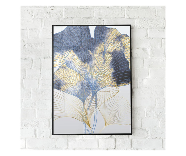 Plakat w ramce, Blue and Gold Leaves, 42 x 30 cm, czarna ramka