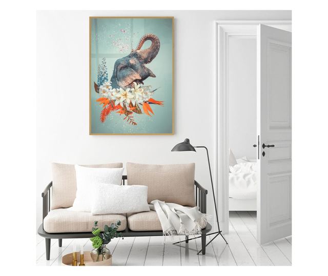 Uokvireni Plakati, Elephant With Flowers, 50x 70 cm, Zlatni okvir