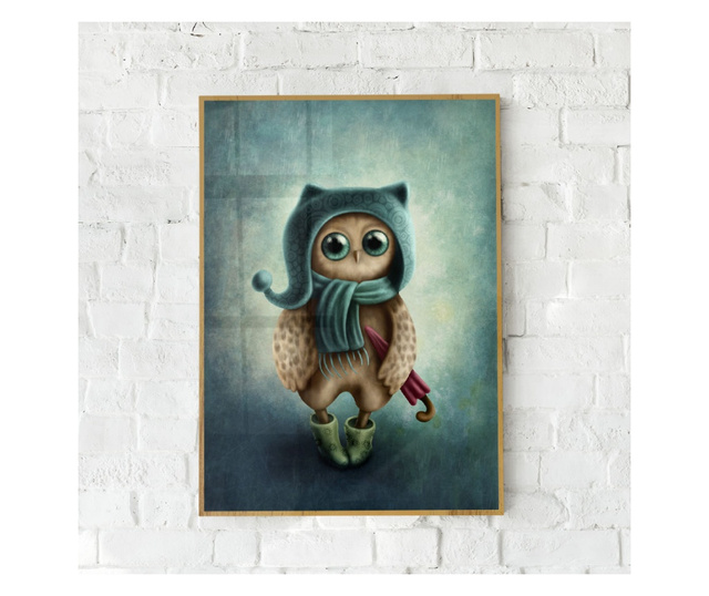 Uokvireni Plakati, Owl With Umbrella, 21 x 30 cm, Zlatni okvir