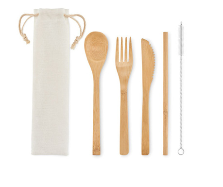 Комплект прибори Straw, нож, вилица, лъжица, сламка, четка, многократни, бамбук