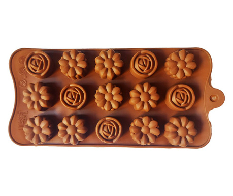 Forma silicon pentru bomboane, 15 cavitati, Flori, Maro, 21 cm, 258COF
