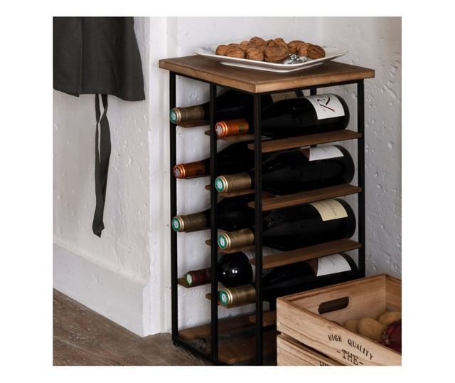 Suport 10 sticle de vin Baki, lemn si otel, 30x30x60 cm