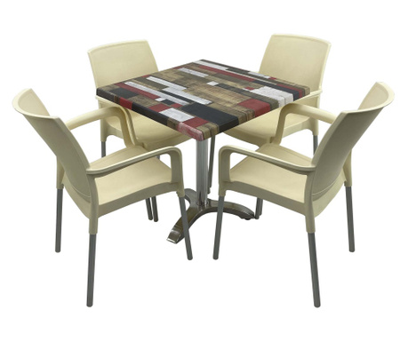 Set bistro de exterior, masa patrata 70x70cm RAKI Redden Wood cu blat werzalit si picior aluminiu, 4 scaune SUNSET crem