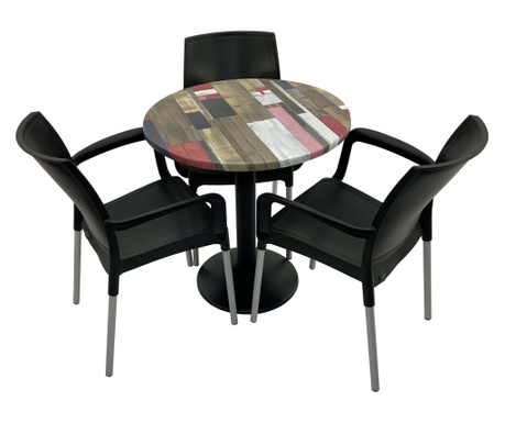Set 3 scaune SUNSET negre si masa rotunda D70cm RAKI Redden Wood cu blat werzalit si baza metalica neagra