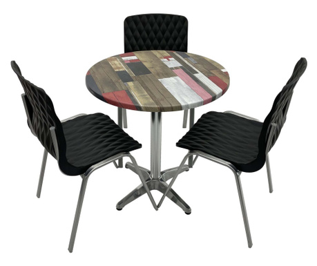 Set mobila terasa, restaurant RAKI Redden Wood, masa rotunda D70cm cu blat werzalit si baza din aluminiu, 3 scaune ROYAL negre