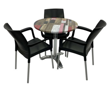 Set 3 scaune SUNSET negre si masa rotunda D70cm RAKI Redden Wood cu blat werzalit si picior aluminiu