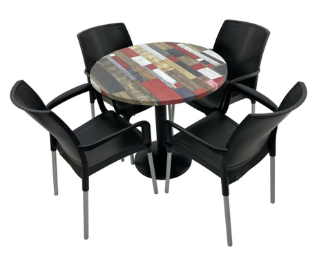 Set 4 scaune SUNSET negre si masa rotunda D80cm RAKI Redden Wood cu blat werzalit si baza metalica neagra