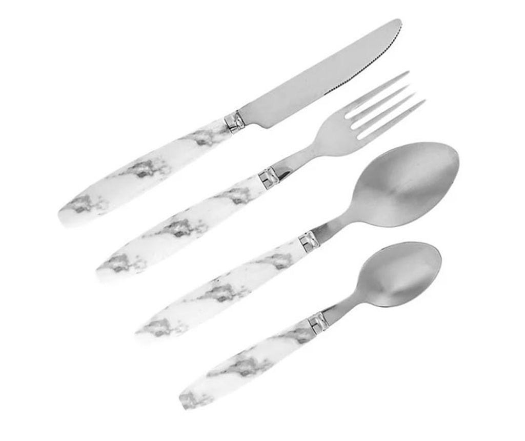 Комплект прибори Tableware, 12 части, Мраморна дръжка, Бял/Сив - 2