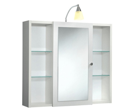 Dulap din MDF cu usa culisanta cu oglinda, compartimente laterale de depozitare, lampa integrata, Escalate, 72x65x17 cm, Alb