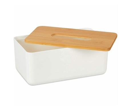 Кутия за салфетки Pufo, с бамбуков капак, 23 х 13 см, бяло/кафяво