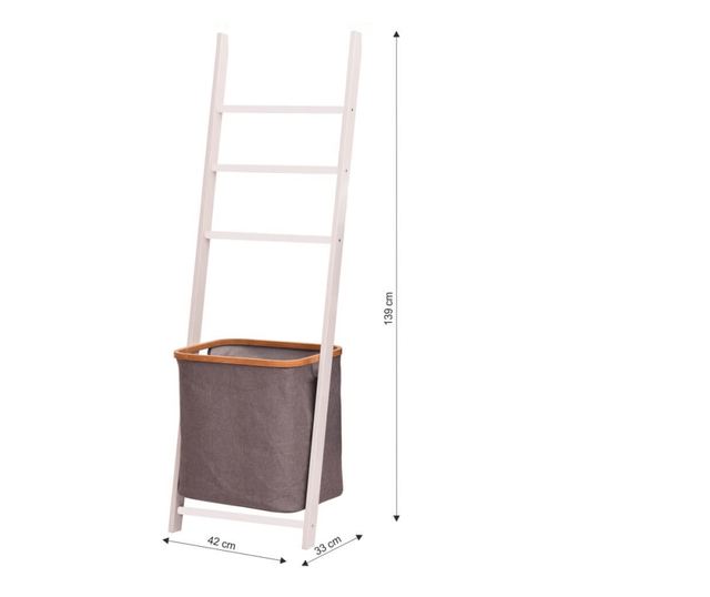 Dekoratív fehér mdf létra és szürke textil tárolókosár Volver 42x33x139 cm
