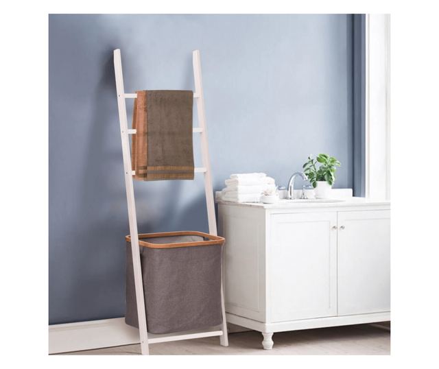 Dekoratív fehér mdf létra és szürke textil tárolókosár Volver 42x33x139 cm