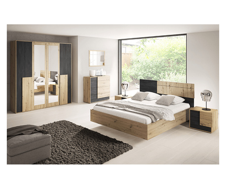 Garnitura namještaja za spavaću sobu, krevet, noćni ormarići, smeđi ormar, artisan hrast, norveški bor, crna Bafra 200x65x203 cm