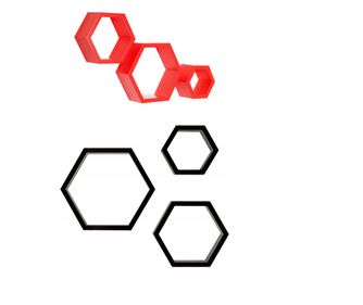 Set 6 rafturi de perete din lemn, in forma hexagonala, cu prindere ascunsa, Circus, negru/rosu 37,5 x 32,5 x 9,5 cm, 32,5 x 28 x