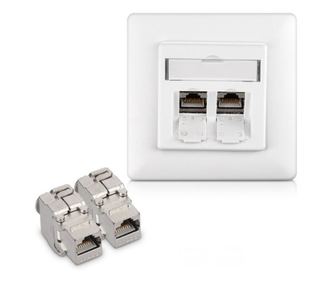 Комплект 1 RJ45 10G двоен мрежов контакт с 2 щепсела CAT 6A, Kwmobile, бял, металик, 45360.01