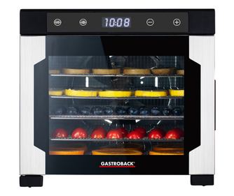 Gastroback Dehydrator Pro Aszalógép, 6 rozsdamentes polc, 3 tálcával, hőmérséklet 35-75 C, érintőpanel, LED kijelző, időzítő, fe