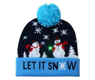 Caciula tip Fes cu Luminite LED on/off si Imprimeu de Iarna/Craciun, Let It Snow, UNISEX, marime ONE SIZE, Albastru