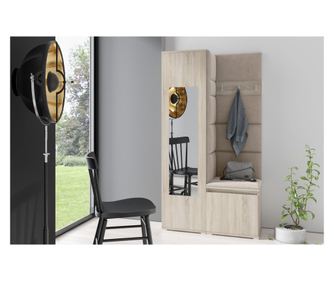 Set hol modern ,95 cm lungime, cu dulap haine , pantofar si panouri tapitate stofa maro/ stejar sonoma, Bortis