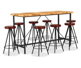 Set za bar, 9 dijelova, masivno drvo akacije i prirodna koža