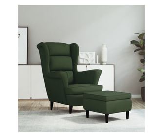 Fotelj z naslonjalom v obliki krila in taburejem, temno zelena, žamet