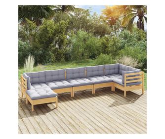 Σετ επίπλων κήπου με μαξιλάρια, 7 τεμάχια, Γκρι, Μασίφ ξύλο πεύκου