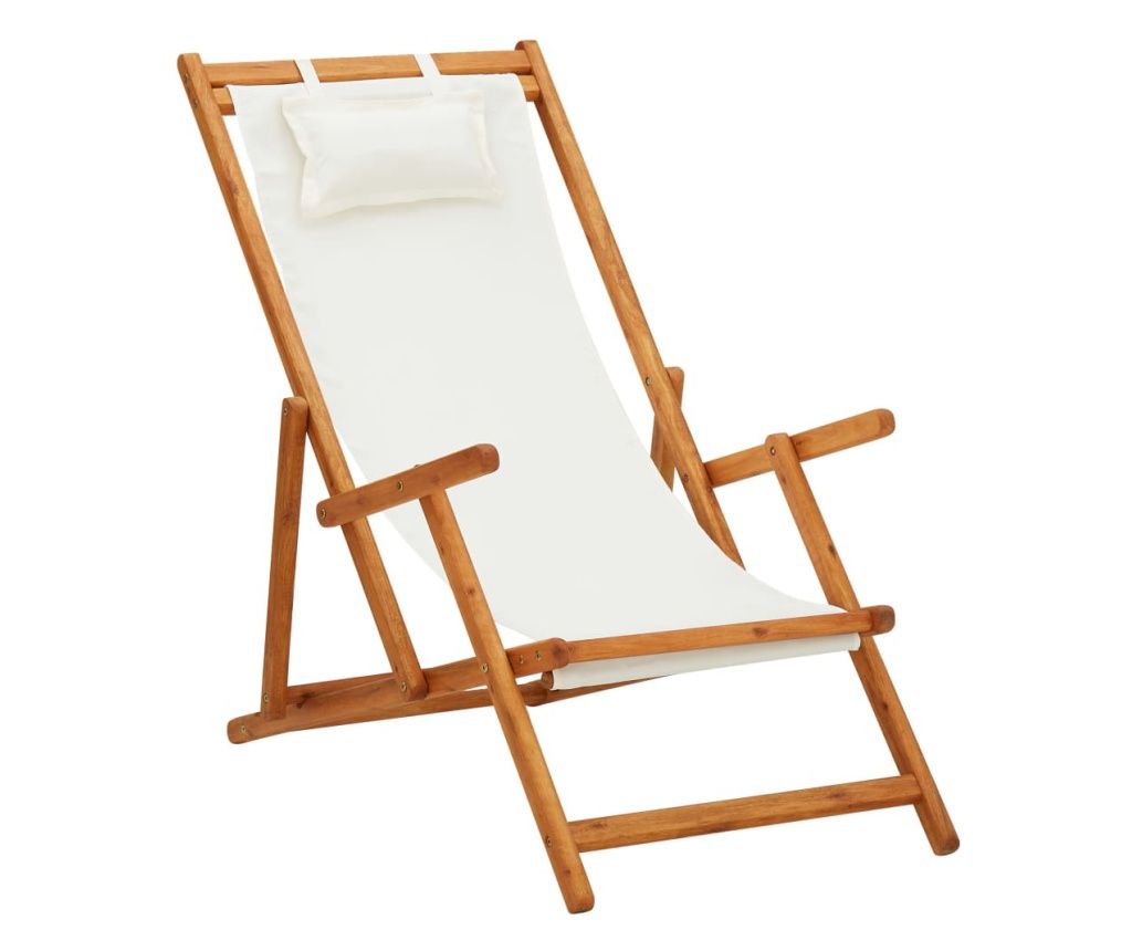 Scaun de plajă pliabil, crem, lemn masiv de eucalipt, textil