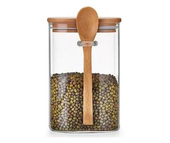 Recipient 700 ML din Sticla borosilicata, cu lingurita si capac Bamboo