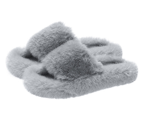 Papuci de casa dama, Quasar & Co., Model Fluffy, talpa groasa 2,8 cm, blana artificiala, marimea 38, gri deschis