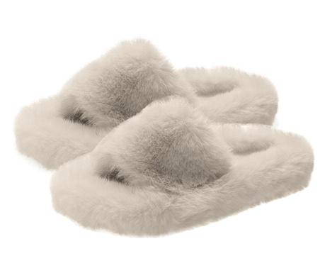 Papuci de casa dama, Quasar & Co., Model Fluffy, talpa groasa 2,8 cm, blana artificiala, marimea 38, crem