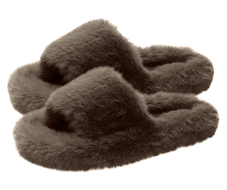Papuci de casa dama, Quasar & Co., Model Fluffy, talpa groasa 2,8 cm, blana artificiala, marimea 37, maro inchis