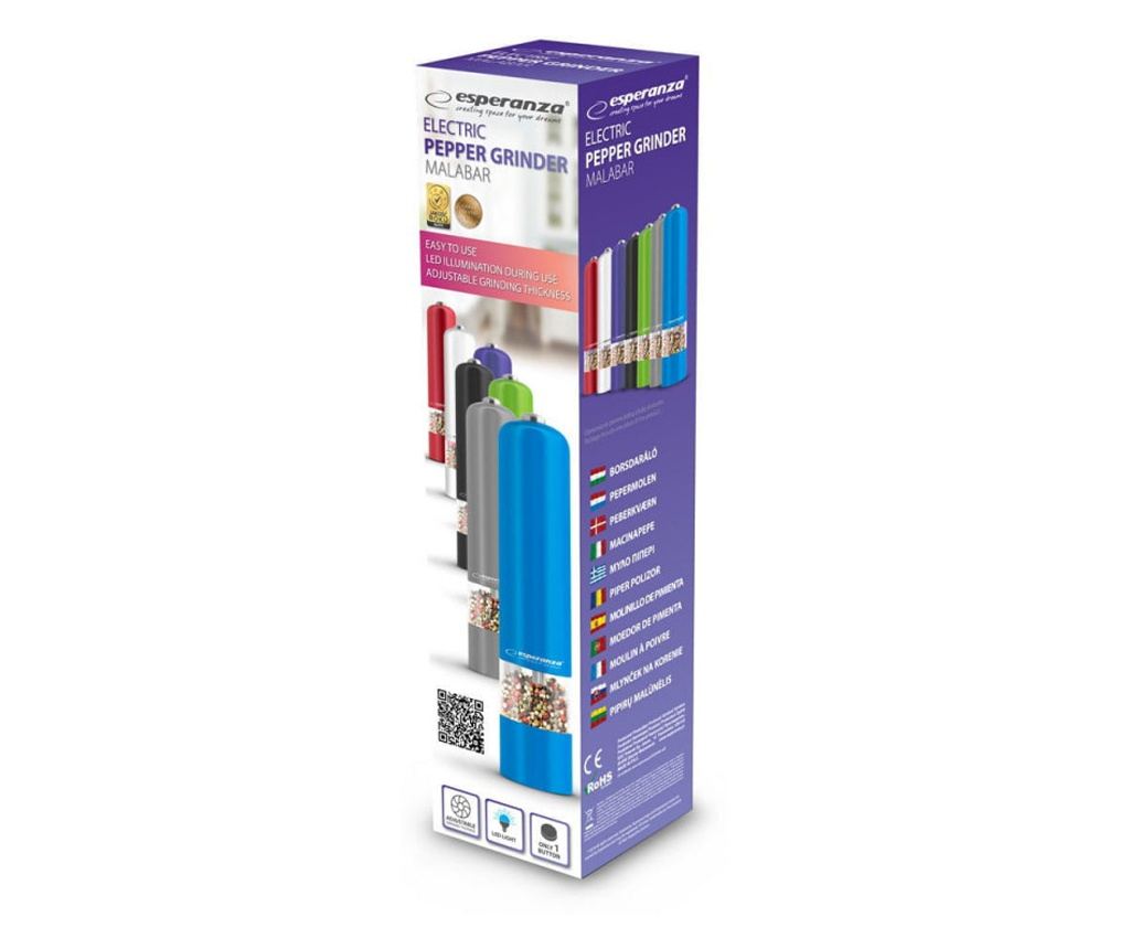 Rasnita electrica de sare si piper Esperanza Malabar EKP001W, LED, functionare cu 1 buton, alb - 3