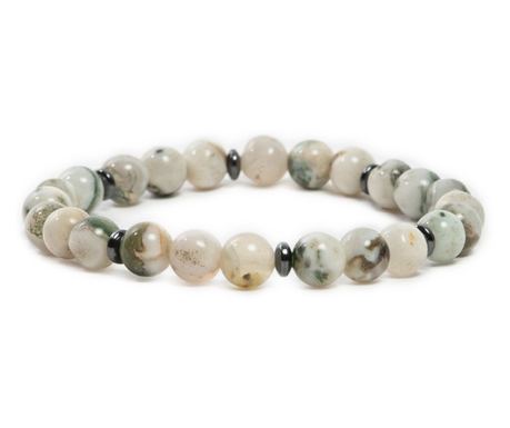 Bratara Handmade femei, Ezera, din cristale Moss Agate, Rihana, sfere de 6mm, alb-verde, 17-18 cm