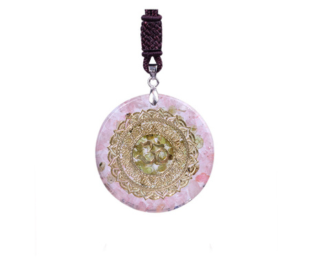 Pandantiv pietre semipretioase Ezera, cu cristale de Olivina si Cuart Roz orgon Zaide cu simbol OM, 3.9 cm