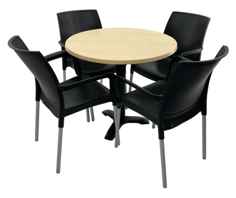 Set 4 scaune SUNSET negre si masa rotunda D80cm RAKI MAPLE cu blat werzalit si picior metalic negru