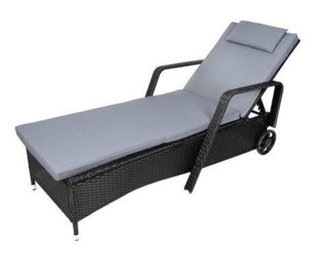Kerti kanapé, kerekekkel és párnával, állítható, szintetikus rattan, fekete és szürke, 54x197x42/107 cm, Malatec