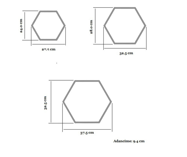 Set 3 rafturi de perete din lemn, in forma hexagonala, cu prindere ascunsa, Carnival, alb, 37,5 x 32,5 x 9,5 cm, 32,5 x 28 x 9,5