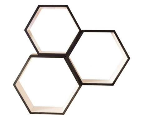 Set 3 rafturi de perete din lemn, in forma hexagonala, cu prindere ascunsa, Carnival, alb/negru, 37,5 x 32,5 x 9,5 cm, 32,5 x 28