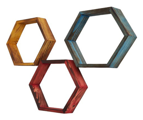 Set 3 rafturi de perete din lemn, in forma hexagonala, cu prindere ascunsa, Carnival, tricolor, 37,5 x 32,5 x 9,5 cm, 32,5 x 28