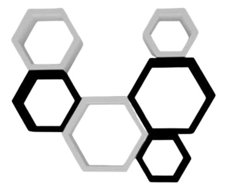 Set 6 rafturi de perete din lemn, in forma hexagonala, cu prindere ascunsa, Circus, alb/negru 37,5 x 32,5 x 9,5 cm