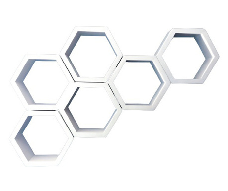 Set 6 rafturi de perete din lemn, in forma hexagonala, cu prindere ascunsa, Circus, alb 37,5 x 32,5 x 9,5 cm