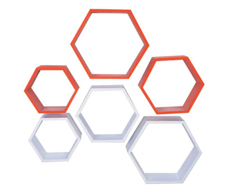 Set 6 rafturi de perete din lemn, in forma hexagonala, cu prindere ascunsa, Circus, alb/rosu 37,5 x 32,5 x 9,5 cm, 32,5 x 28 x 9