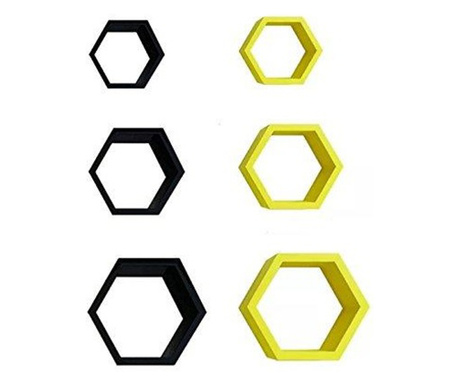 Set 6 rafturi de perete din lemn, in forma hexagonala, cu prindere ascunsa, Circus, galben/negru 37,5 x 32,5 x 9,5 cm, 32,5 x 28