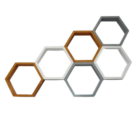 Set 6 rafturi de perete din lemn, in forma hexagonala, cu prindere ascunsa, Circus, multicolor, 37,5 x 32,5 x 9,5 cm