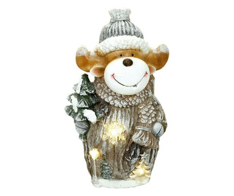 Коледна украса, керамика, елен с ела, LED, сиво и бяло, 3xAAA, 24.5x18x41.5 см, Чомик